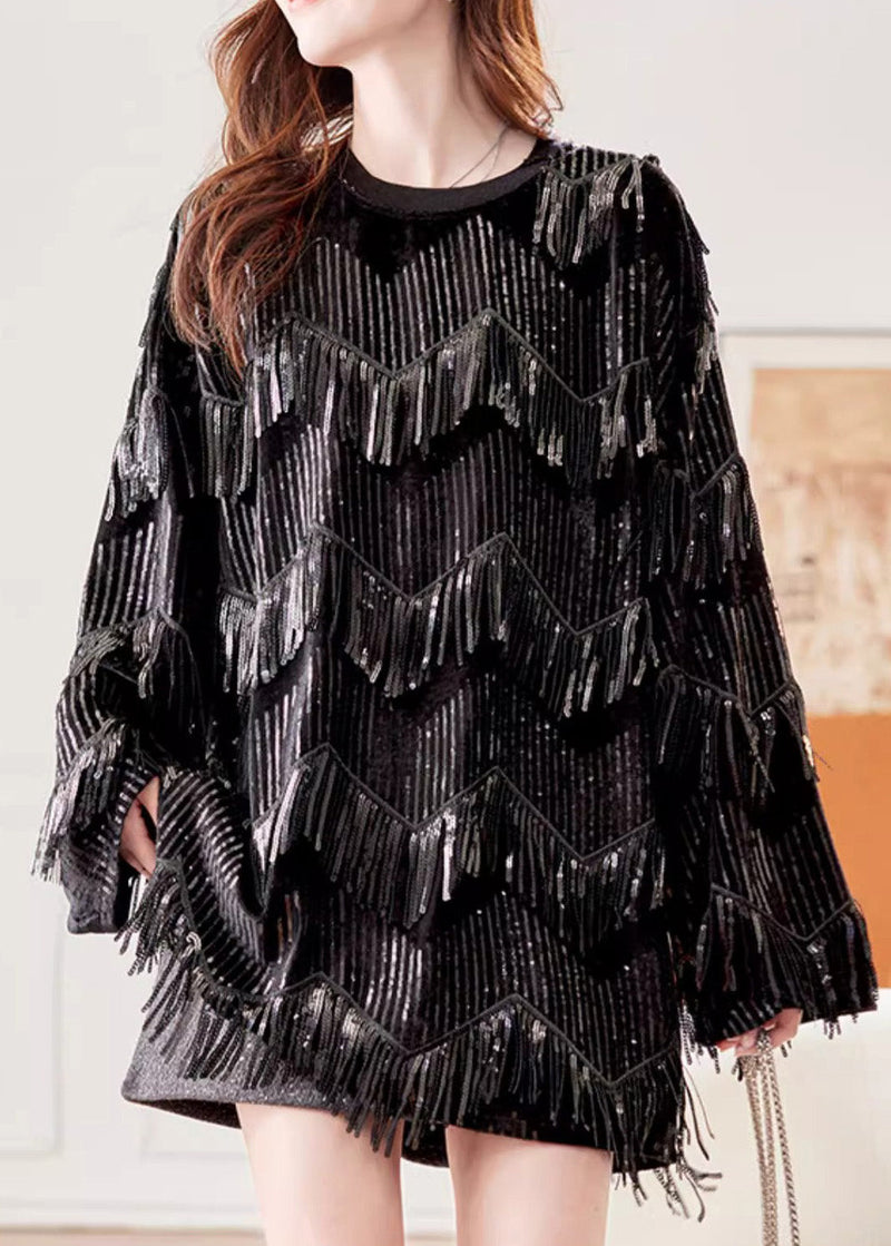 Loose Black O-neck Patchwork Tassel Silk Velvet Top Spring