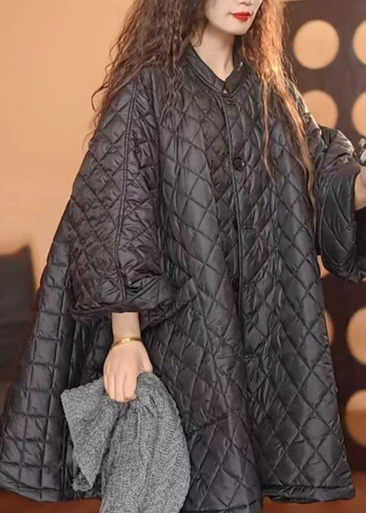 Loose Black O-neck Plaid Patchwork Button Pockets Parka Spring