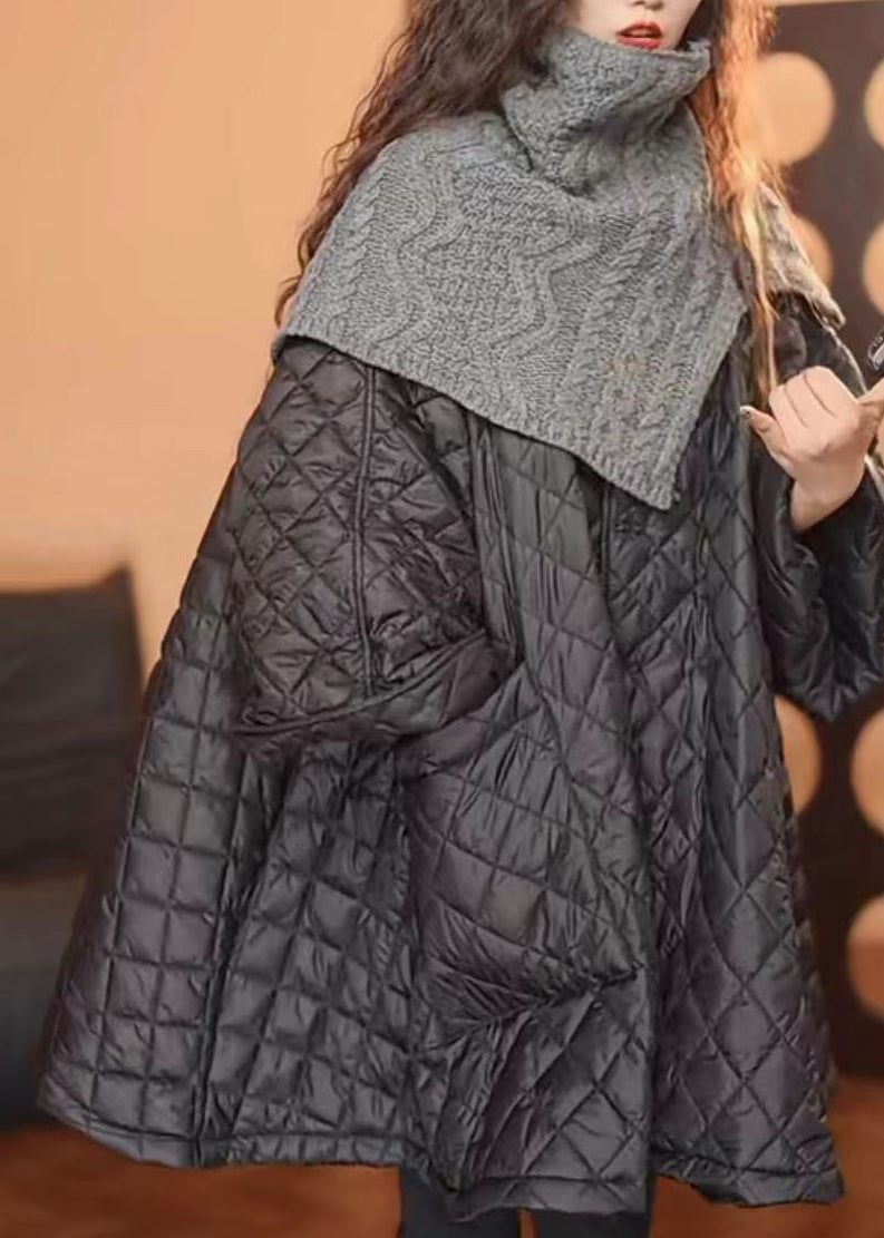 Loose Black O-neck Plaid Patchwork Button Pockets Parka Spring