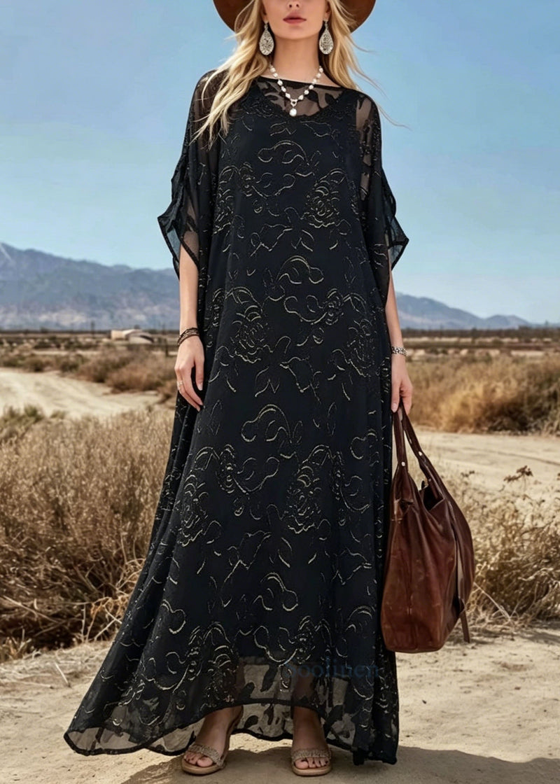 Loose Black O Neck Print Chiffon Maxi Dresses Summer