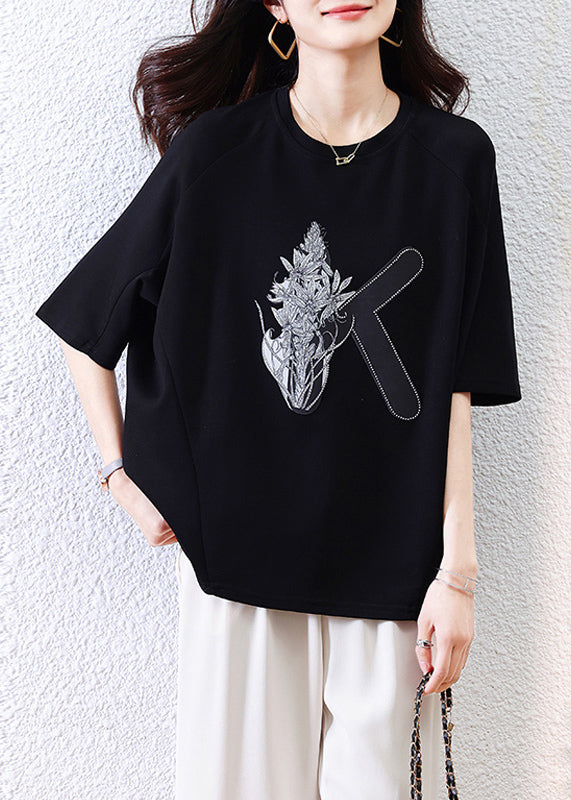 Loose Black O-neck Print Cotton T Shirt Half Sleeve