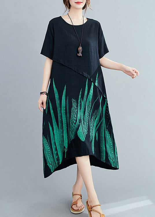 Loose Black O-neck Print Linen Maxi Dress Short Sleeve