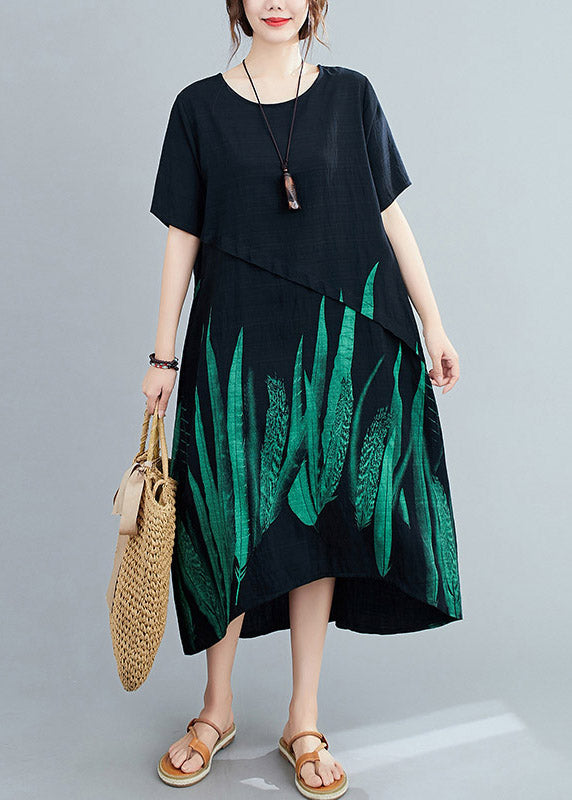 Loose Black O-neck Print Linen Maxi Dress Short Sleeve