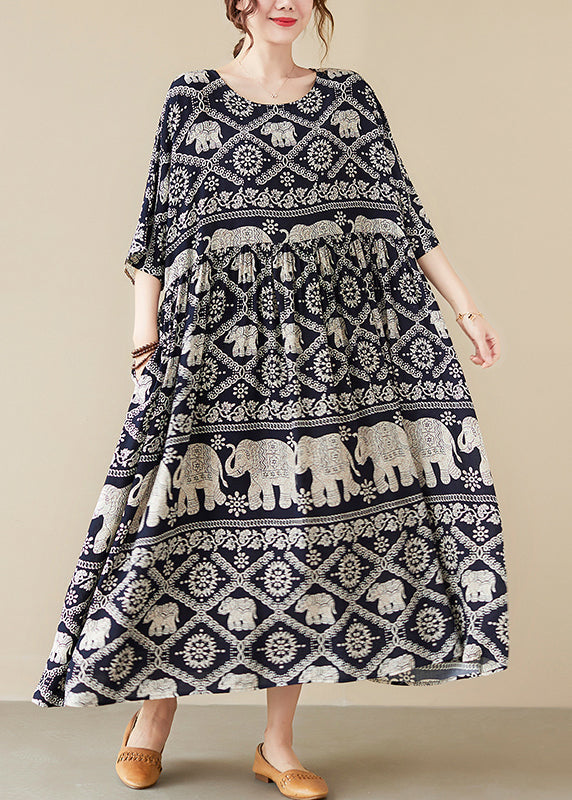 Loose Black O-neck Print Maxi Dress Half Sleeve