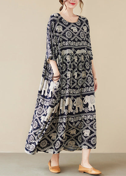 Loose Black O-neck Print Maxi Dress Half Sleeve