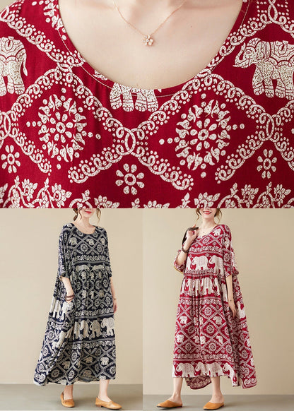 Loose Black O-neck Print Maxi Dress Half Sleeve