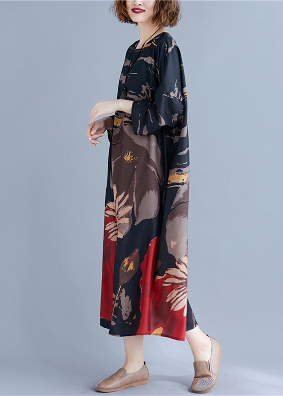 Loose Black O-neck Print Maxi Dress Long Sleeve