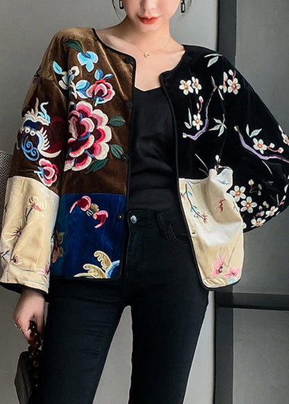 Loose Black O-neck Print Patchwork Button Warm Fleece Velour Coats Winter