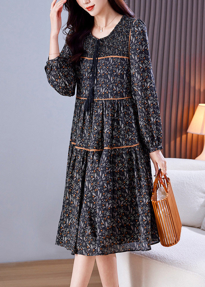 Loose Black O-neck Print Patchwork Wrinkled Chiffon Long Dresses Spring