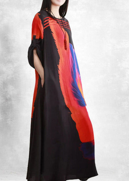 Loose Black O-neck Print Pockets Silk Dress Half Sleeve