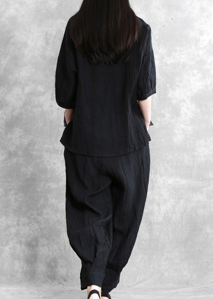 Loose Black O-neck Side Open Linen Top and Wide Leg Pants Two Pieces Set Long Sleeve