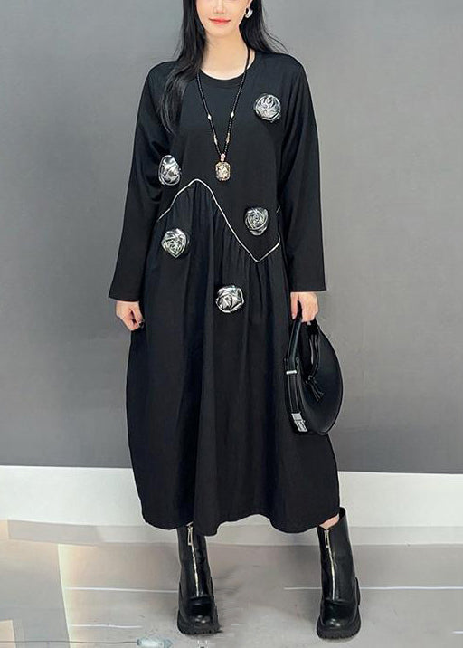 Loose Black O Neck Patchwork Cotton Dress Fall