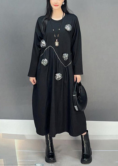 Loose Black O Neck Patchwork Cotton Dress Fall