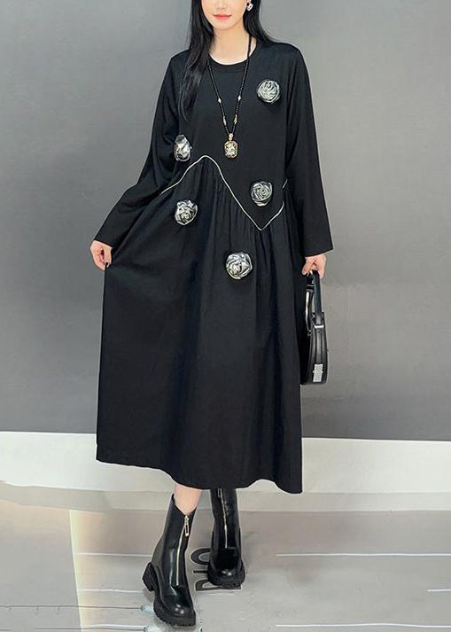 Loose Black O Neck Patchwork Cotton Dress Fall