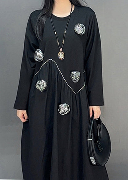 Loose Black O Neck Patchwork Cotton Dress Fall