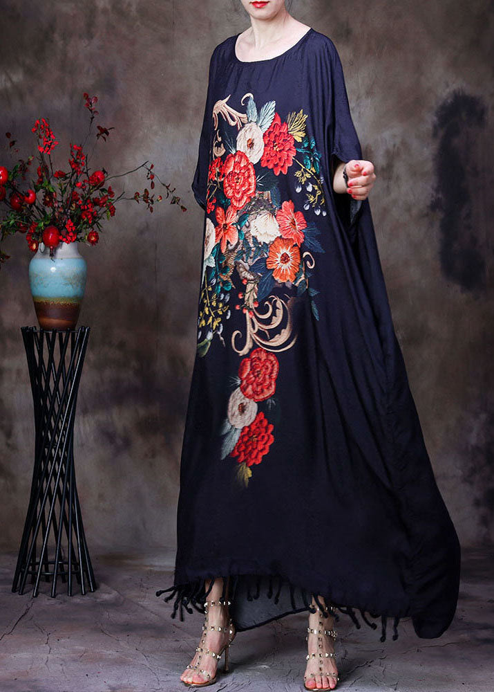 Loose Black O-neck Tassel Print Silk Long Dress Gown Batwing Sleeve