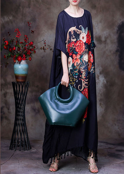 Loose Black O-neck Tassel Print Silk Long Dress Gown Batwing Sleeve