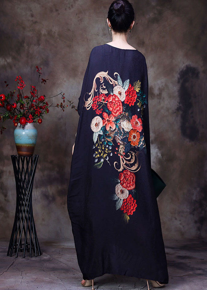Loose Black O-neck Tassel Print Silk Long Dress Gown Batwing Sleeve