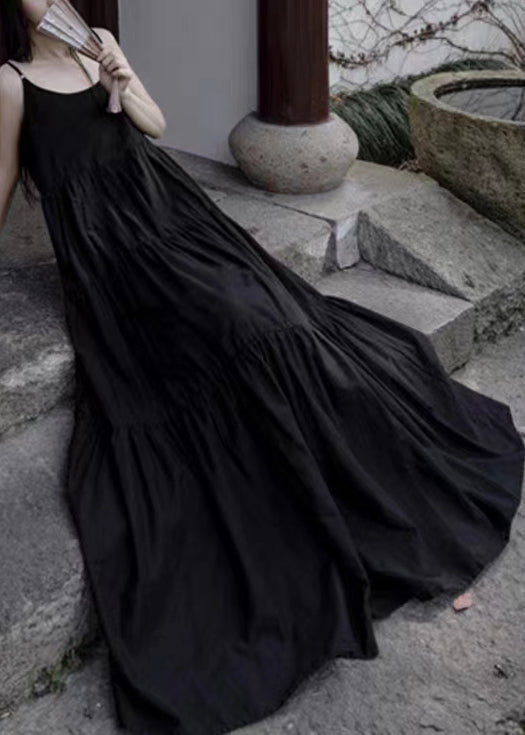 Loose Black O-neck Wrinkled Patchwork Cotton Spaghetti Strap Dress Sleeveless