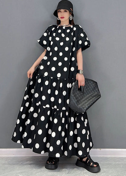 Loose Black O-neck Wrinkled Wear on Both Sides Cotton Long Dress Short Sleeve
