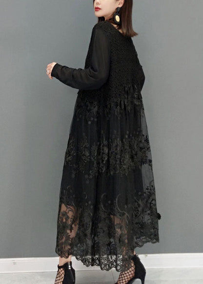 Loose Black O-neck Lace Vacation Dresses Long Sleeve