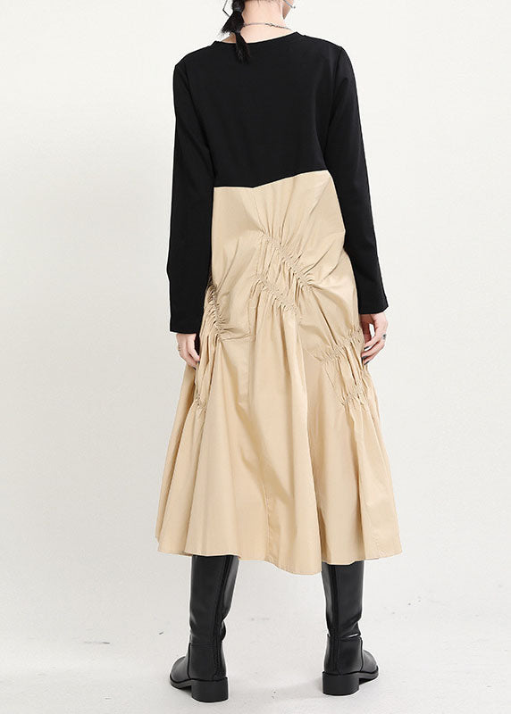 Loose Black Patchwork Khaki Wrinkled Fall Maxi Dress Long Sleeve