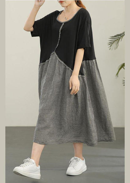 Loose Black Patchwork Plaid Asymmetrical Design Dresses Summer Cotton Linen