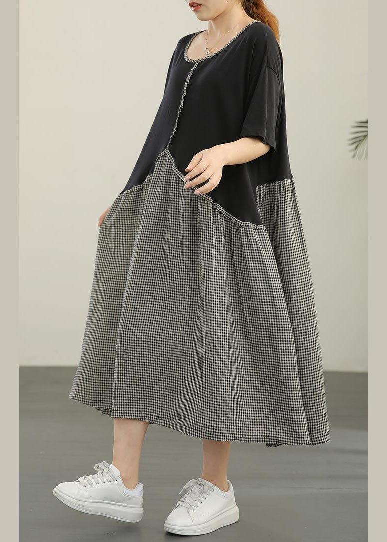 Loose Black Patchwork Plaid Asymmetrical Design Dresses Summer Cotton Linen