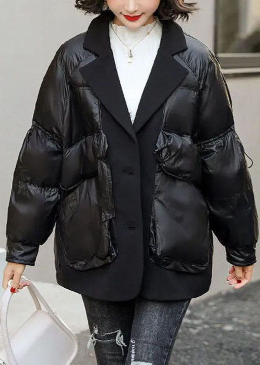 Loose Black Patchwork Pockets Drawstring Winter Duck Down Coat