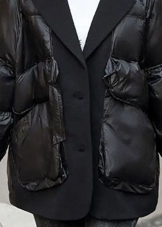 Loose Black Patchwork Pockets Drawstring Winter Duck Down Coat