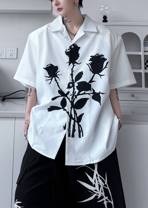 Loose Black Peter Pan Collar Print Cotton Shirts Summer
