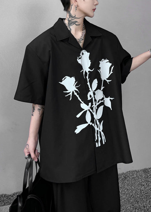 Loose Black Peter Pan Collar Print Cotton Shirts Summer