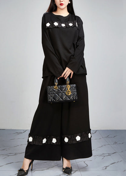 Loose Black Pockets Tops and Wide Leg Pants Cotton Two-piece Set Fall