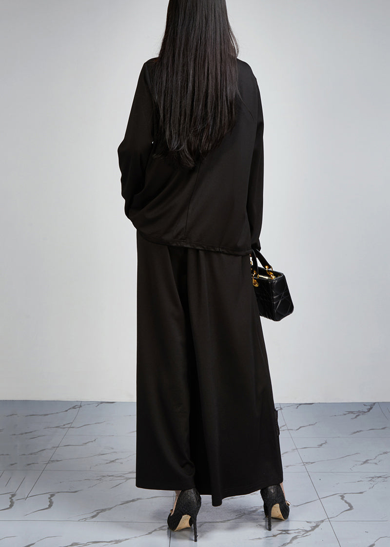 Loose Black Pockets Tops and Wide Leg Pants Cotton Two-piece Set Fall