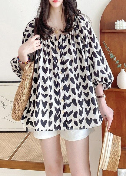 Loose Black Print Button Cotton Shirts Bracelet Sleeve