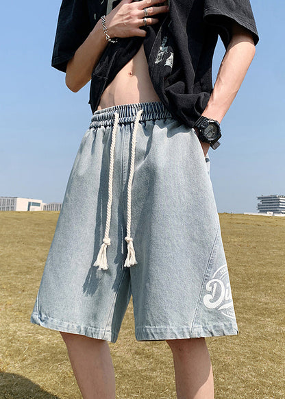 Loose Black Print Elastic Waist Denim Shorts Summer