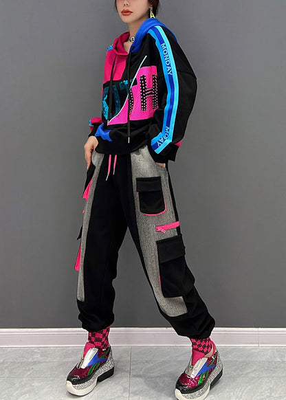 Loose Black Print Hooded Pullover and Pants Two Pieces Set Fall