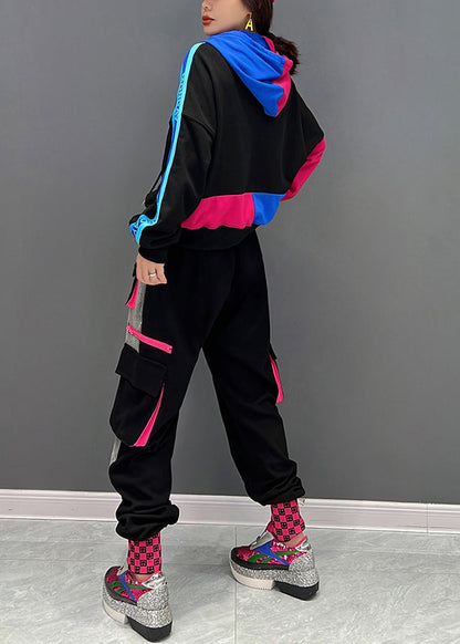 Loose Black Print Hooded Pullover and Pants Two Pieces Set Fall