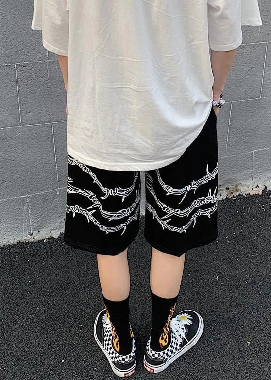 Loose Black Print Pockets Elastic Waist Cotton Shorts Summer