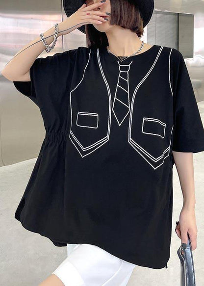 Loose Black Print Low High Design Tops Summer