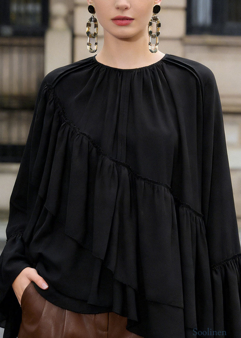 Loose Black Ruffled Asymmetrical Patchwork Chiffon Top Spring