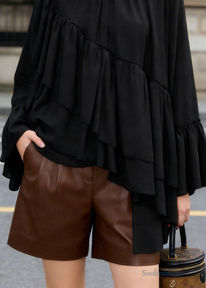 Loose Black Ruffled Asymmetrical Patchwork Chiffon Top Spring