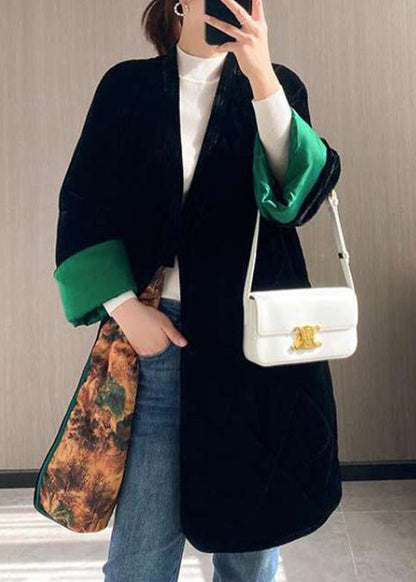 Loose Black Sashes Pockets Patchwork Fine Cotton Filled Velour Coat Winter