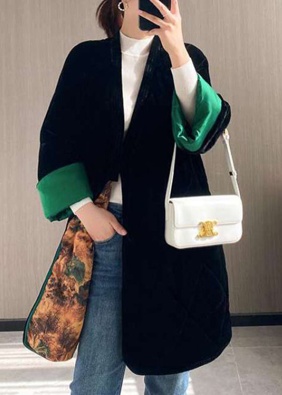 Loose Black Sashes Pockets Patchwork Fine Cotton Filled Velour Coat Winter
