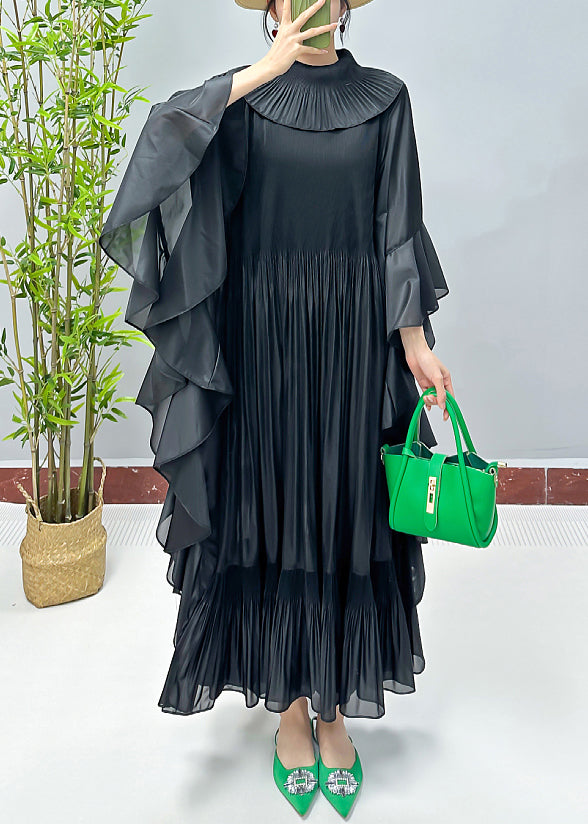 Loose Black Ruffled Cotton Dresses Butterfly Sleeve