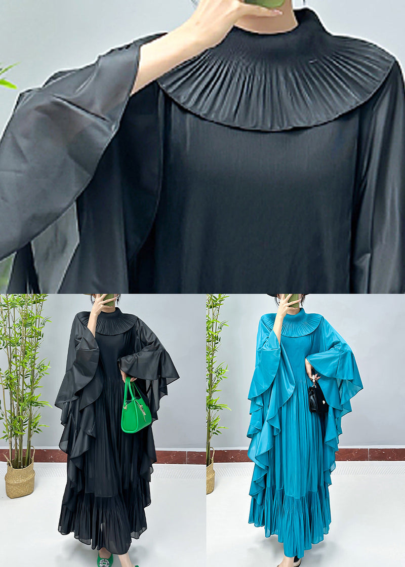 Loose Black Ruffled Cotton Dresses Butterfly Sleeve