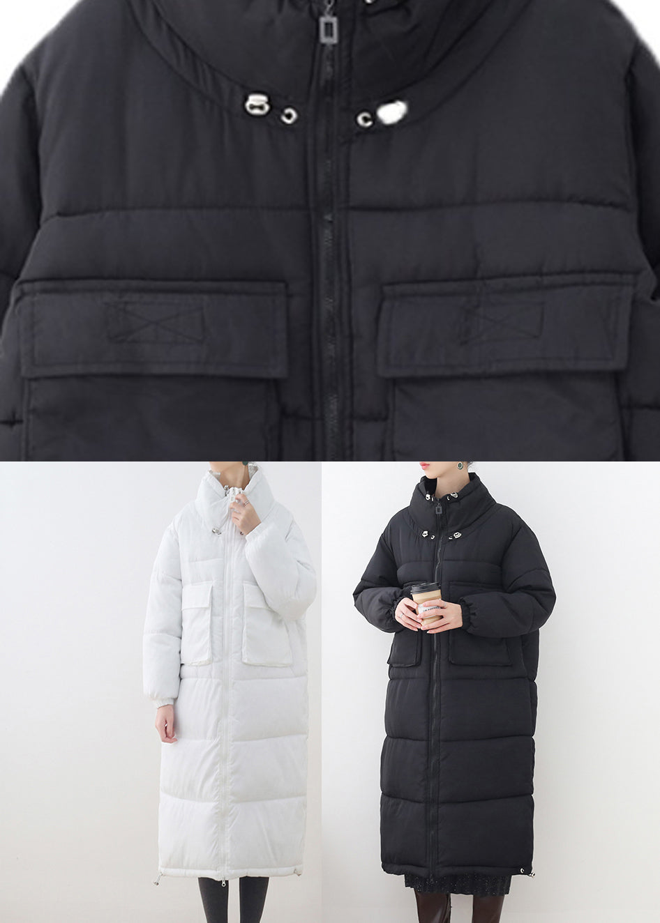 Loose Black Stand Collar Pockets Drawstring Thick Parka Long Sleeve