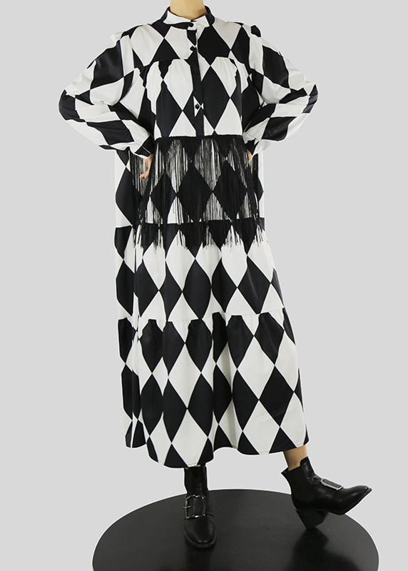 Loose Black Stand Collar Tassel Print Shirt Dress Spring