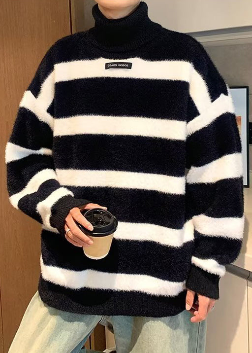 Loose Black Turtleneck Striped Mink Hair Knitted Sweater Winter