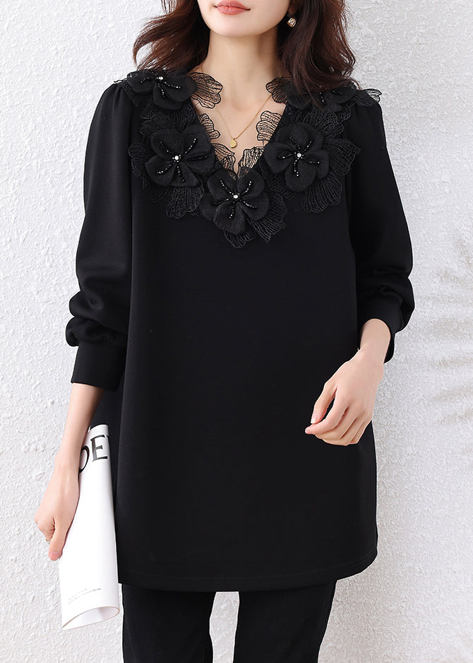 Loose Black V Neck Nail Bead Cotton Sweatshirts Fall